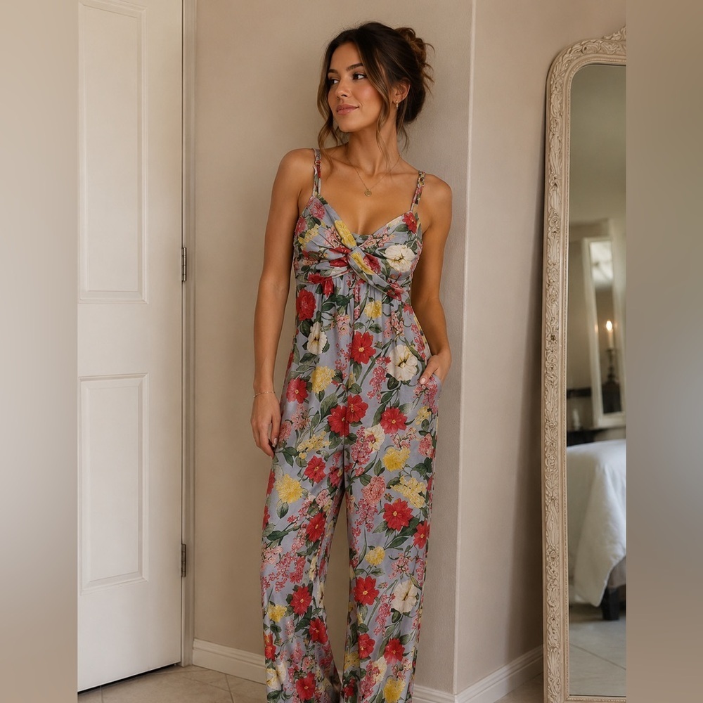 Old Navy Red and Pink Floral Jumpsuit with Sweetheart Neckline